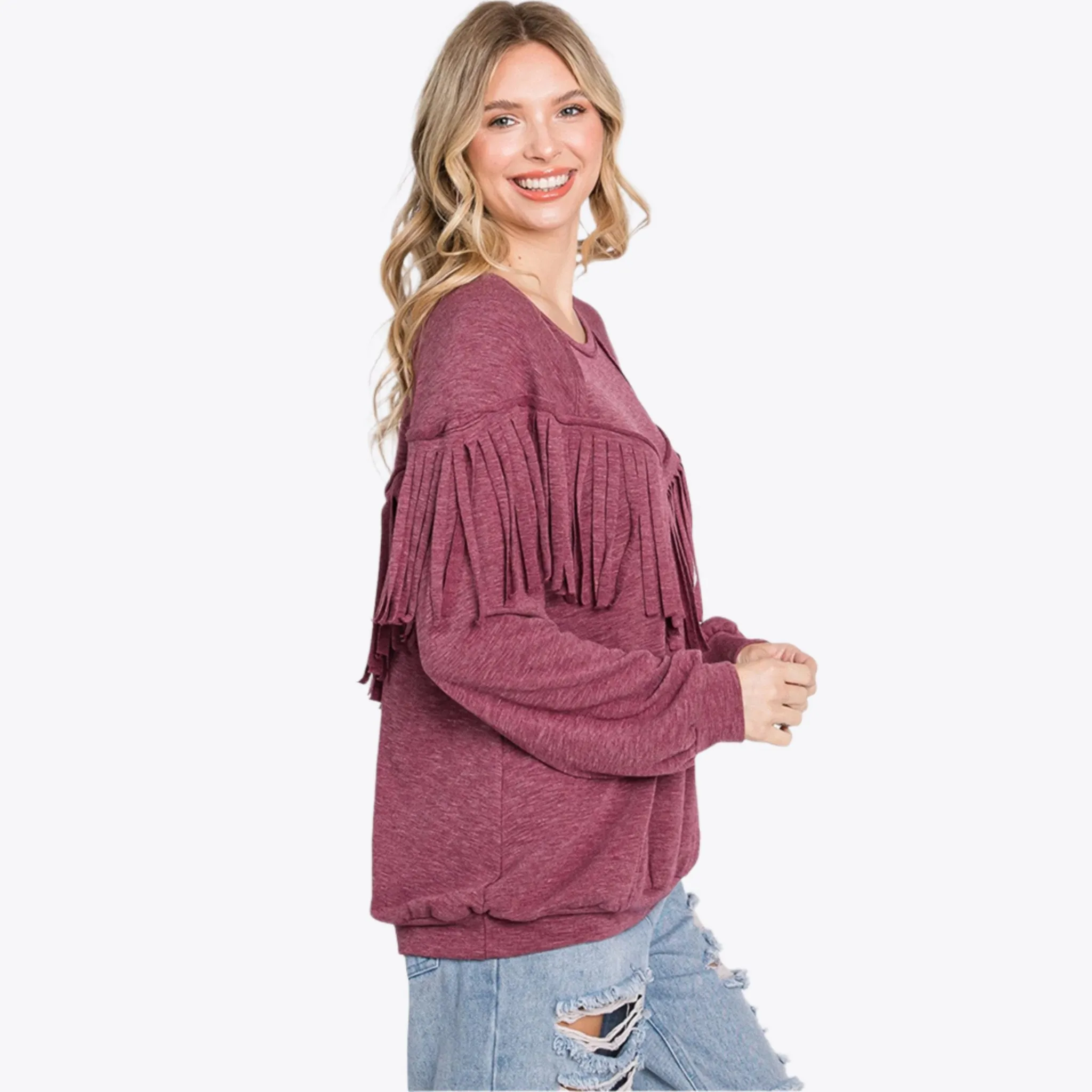 Women's Burgundy Fringe Sweatshirt